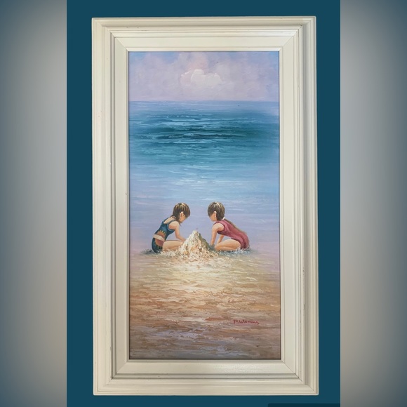 Oil on Canvas Girls Play Sandy Beach Ocean Art Framed ~P Watkins Signed Original